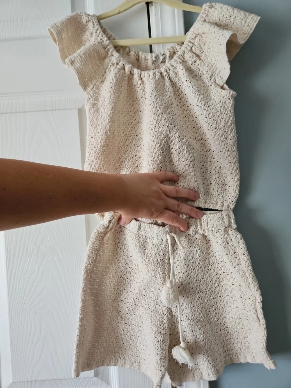 Crochet Cream Knit Set with Drawstring Waist